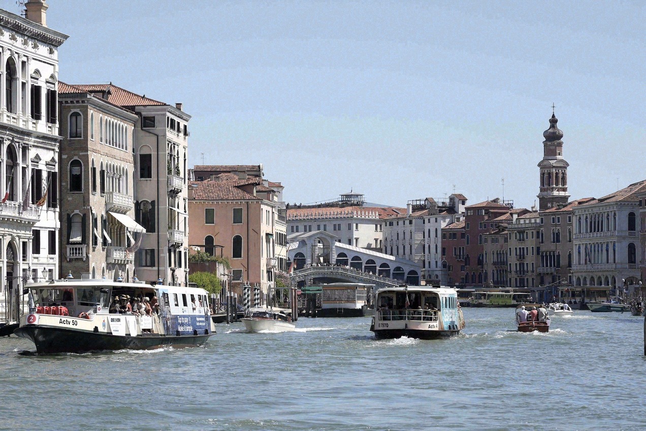 ACTV water buses on the Grand Canal at the Rialto Bridge